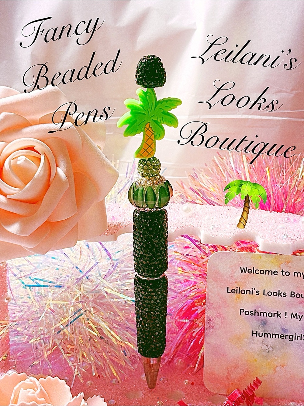 Fancy Beaded Palm Tree Top Pen - Black & Green